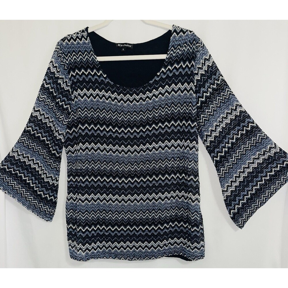 Crochet Chevron Top Blue Bell Sleeve Boho Y2K Women’s XL - Picture 2 of 8